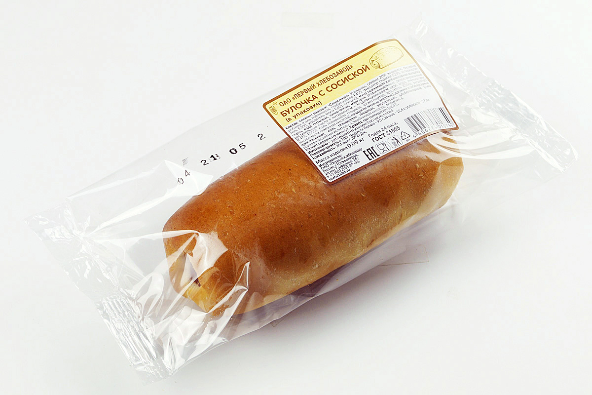 картинка Булочка с сосиской 90 г (в упаковке) от Первого хлебозавода